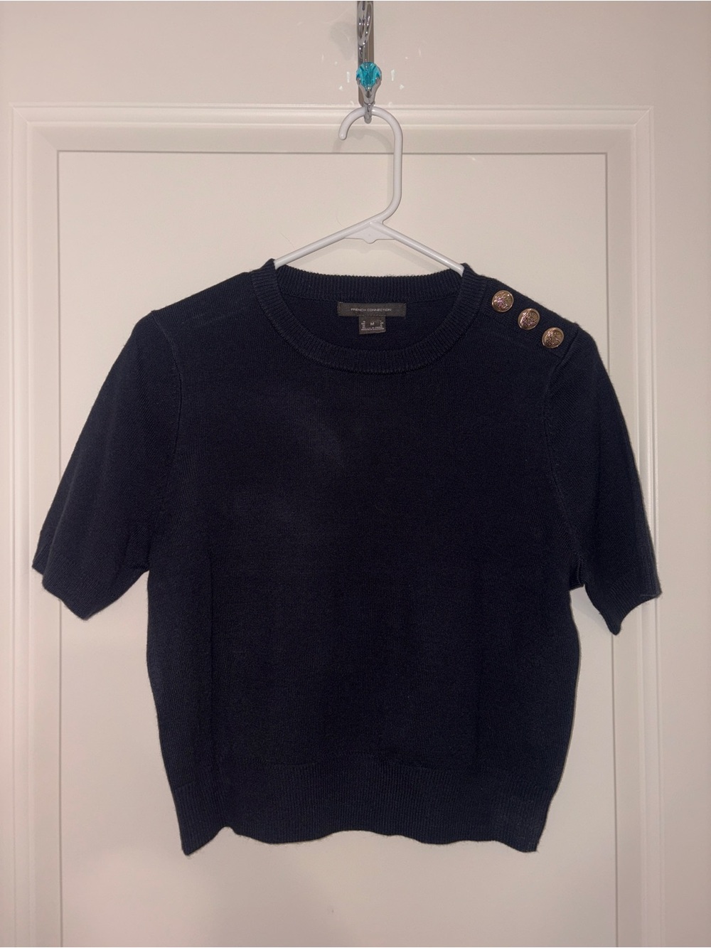 French Connection Navy Short-Sleeve Knit Top with Shoulder Buttons